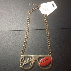 Gold Tone w/Red Lips & Sexy Rhinestone Letter Glasses Necklace